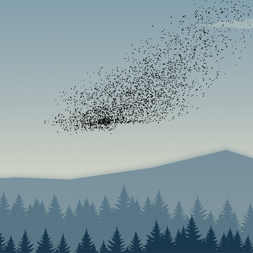 A murmuration of birds sweeping over a blue mountain forest